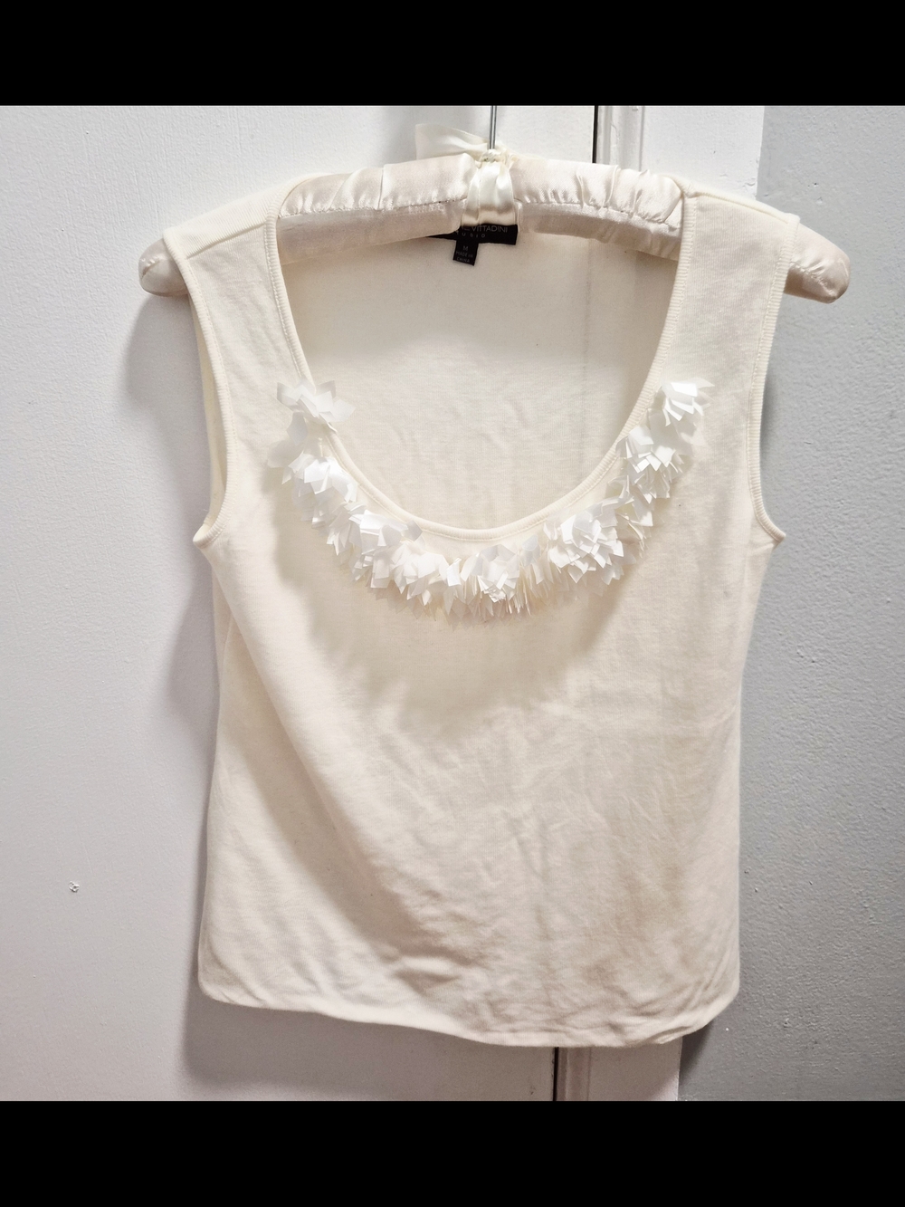 Adrienne Vittadini Cream Scoop Neck Tank with Appliqué Trim